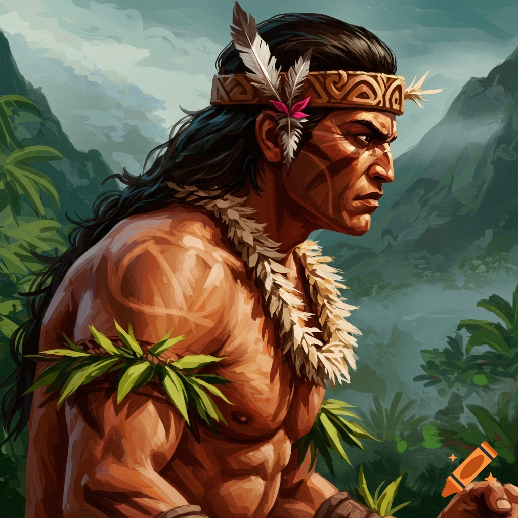 A Hawaiian warrior looking sideways in a jungle.