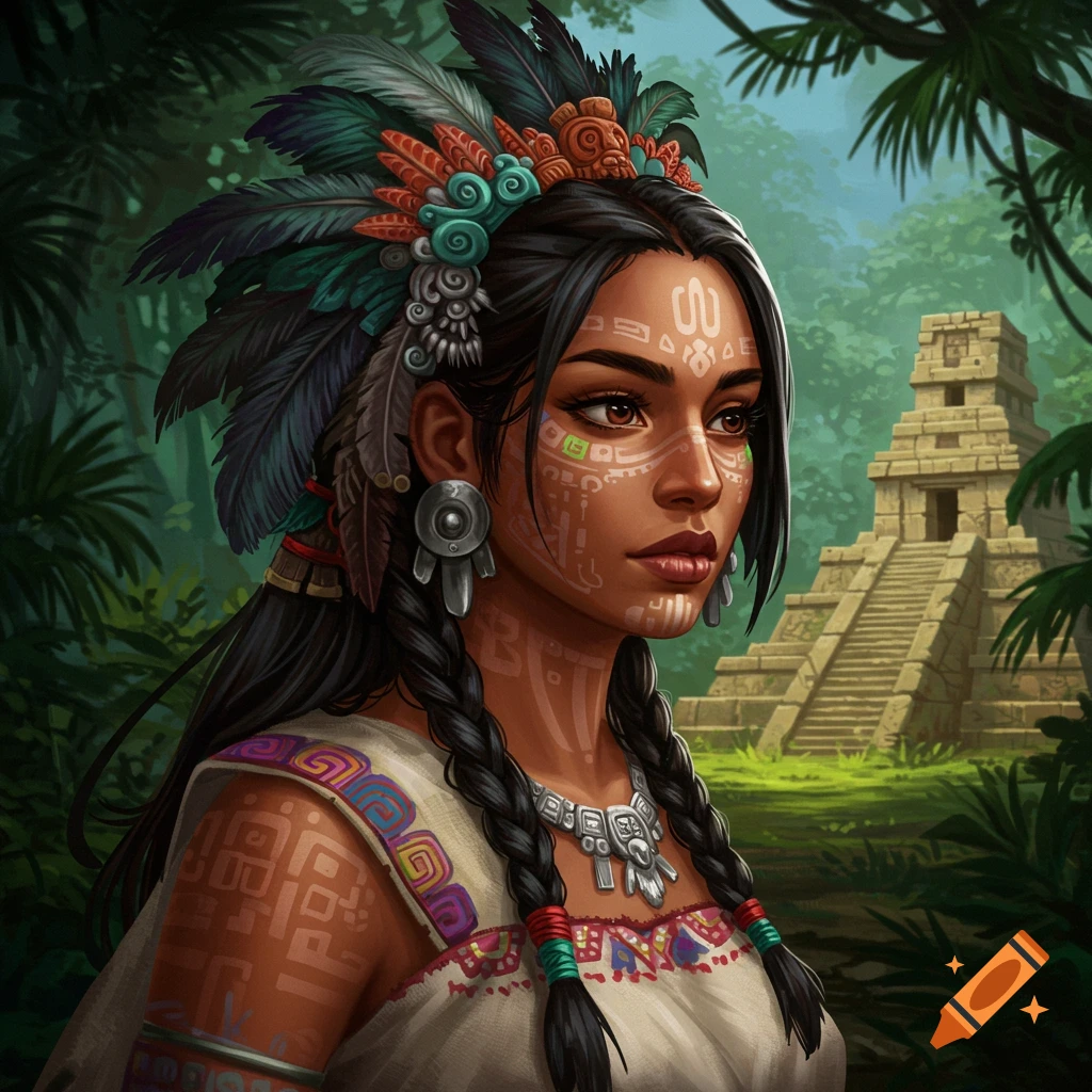 Painting of a woman with face paint and elaborate headdress in a jungle with a pyramid.
