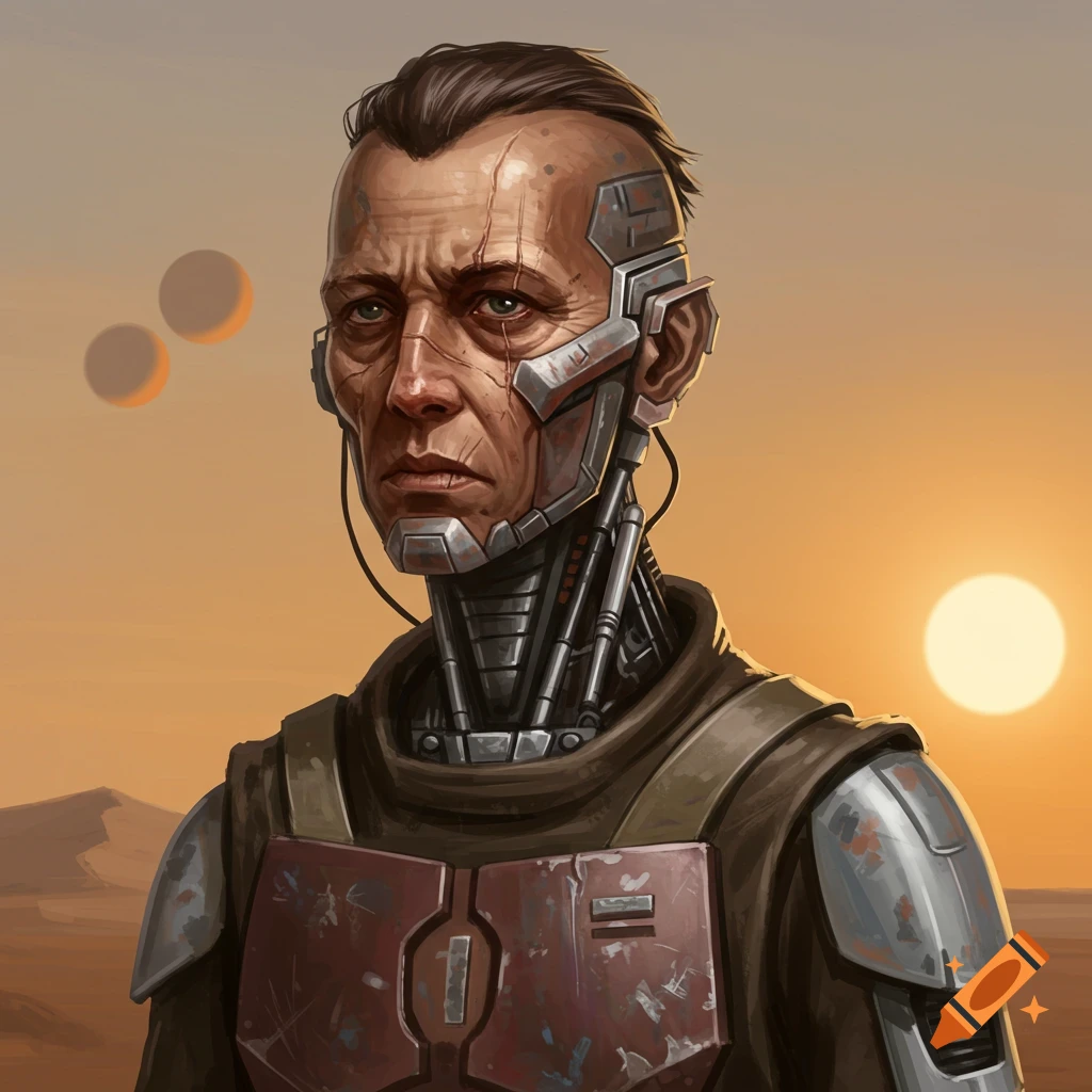 A cyborg in armor stands in a desert at sunset.