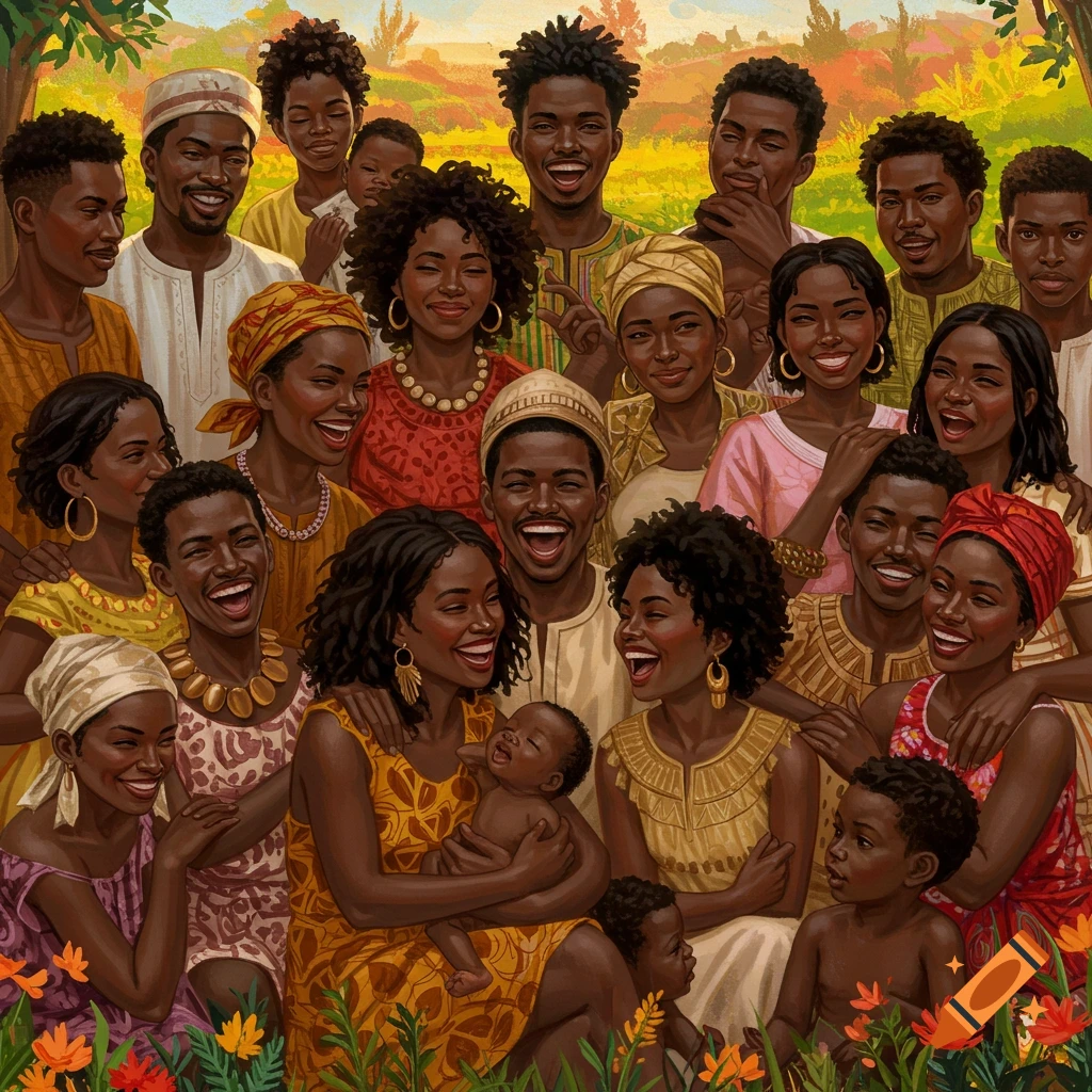 A large, smiling group of people, including adults and children, in a landscape setting.
