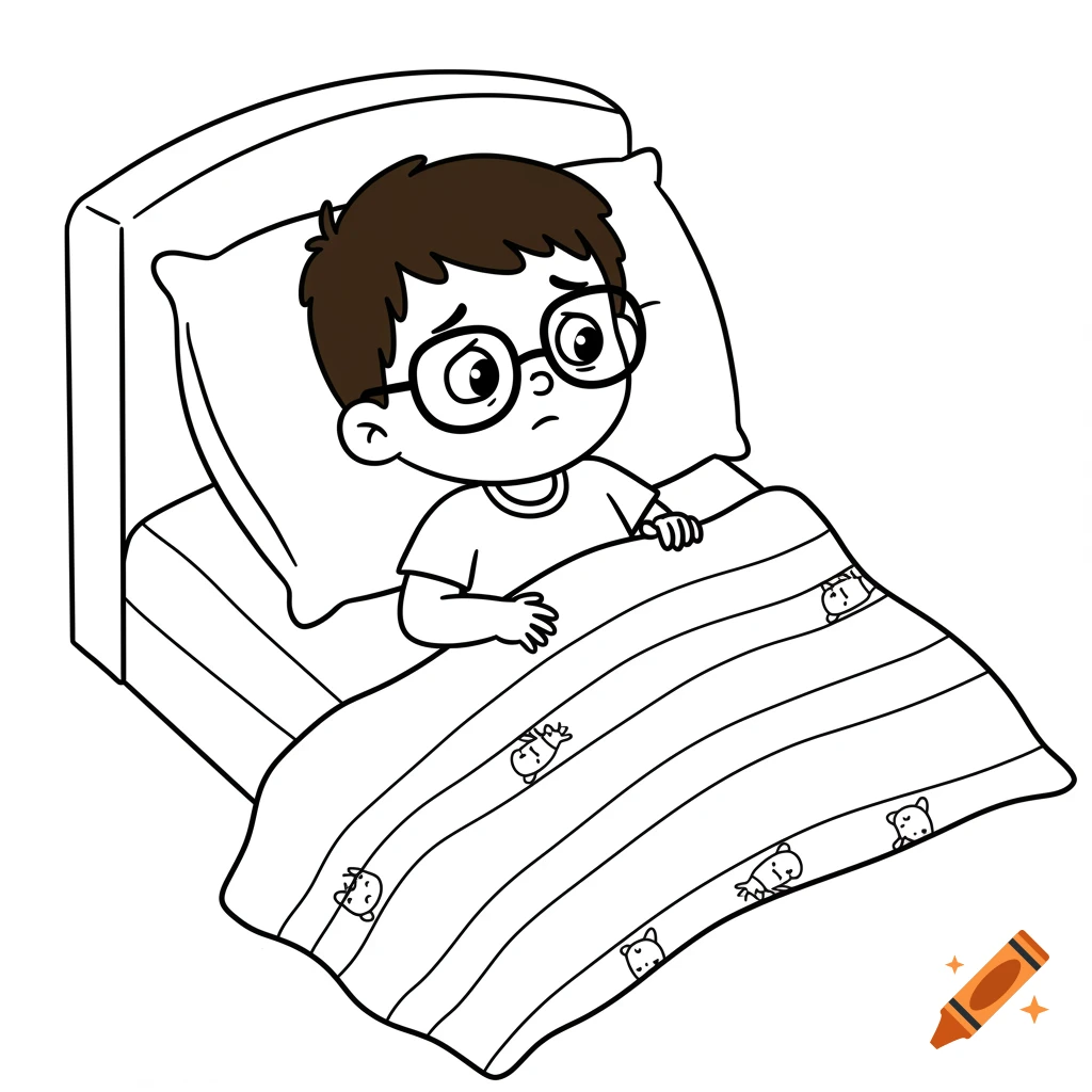 Line art illustration of a sad boy with glasses lying in bed.