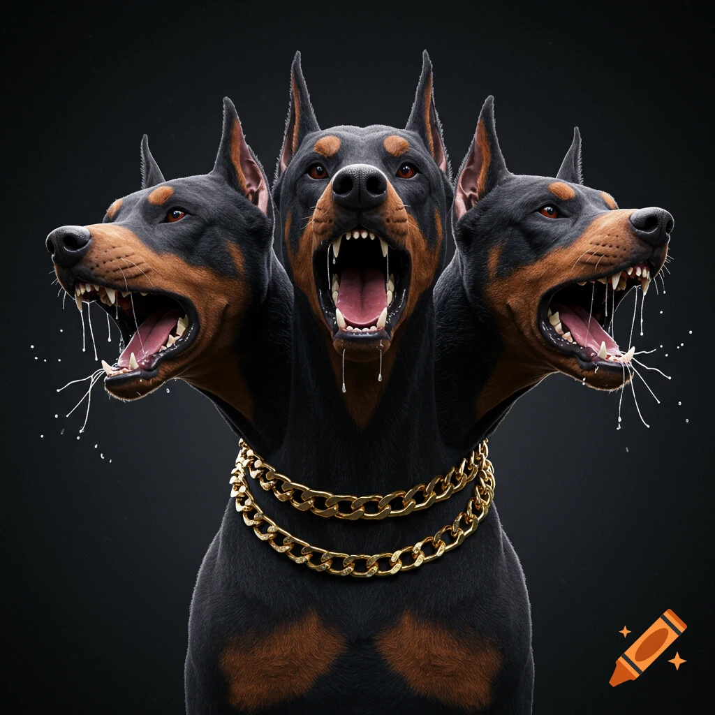 A three-headed Doberman dog with gold chains, snarling.