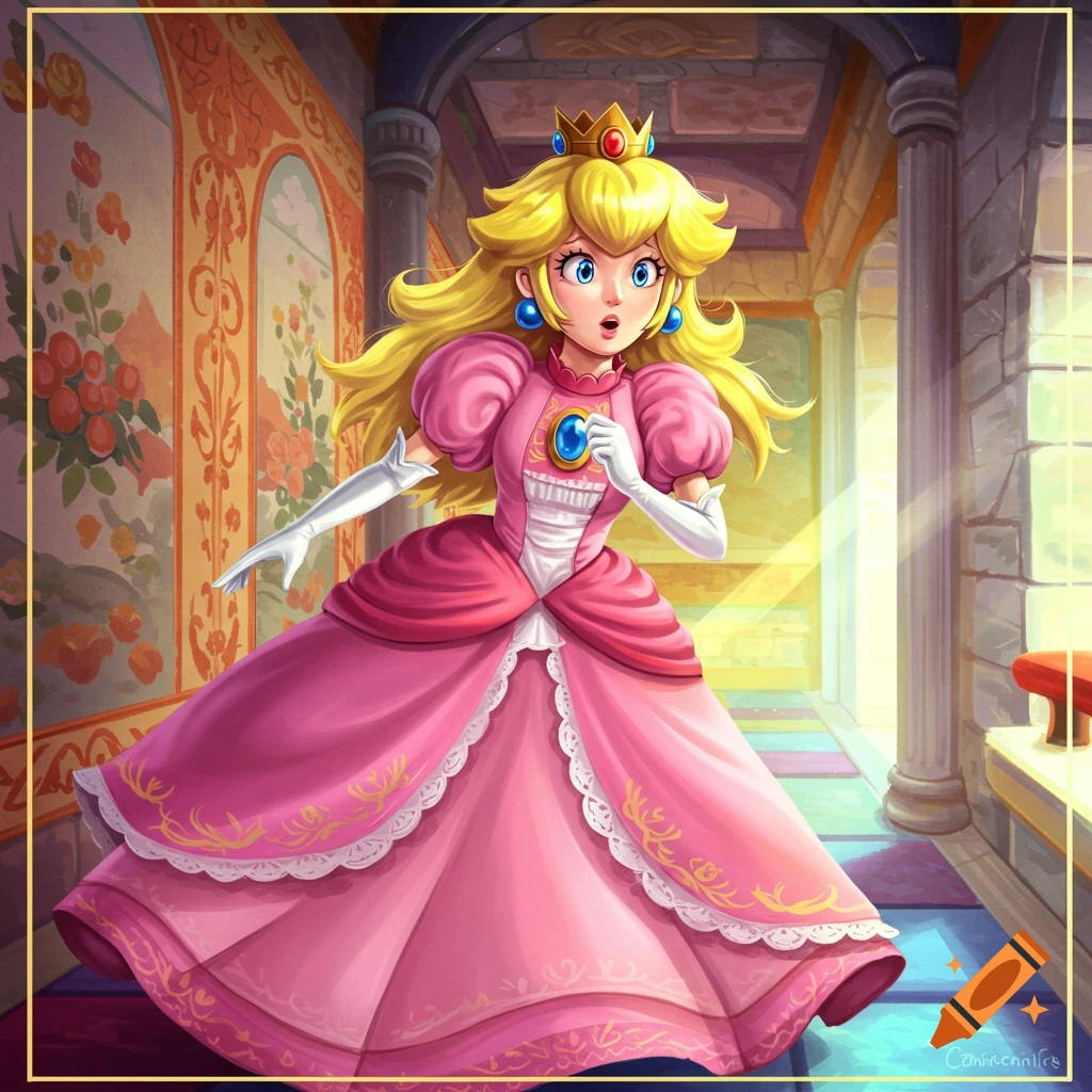 A surprised Princess Peach in a castle hallway.