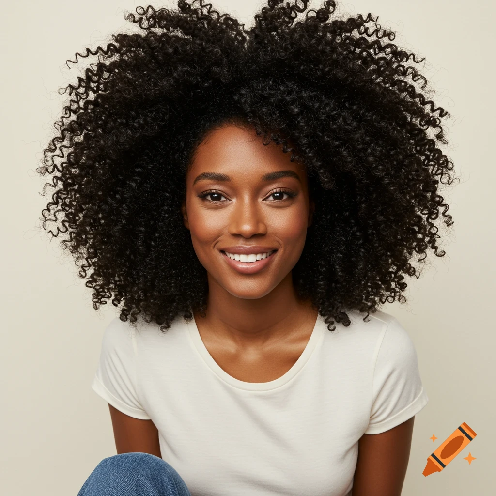 Close-up portrait of a Black woman with large curly hair smiling.