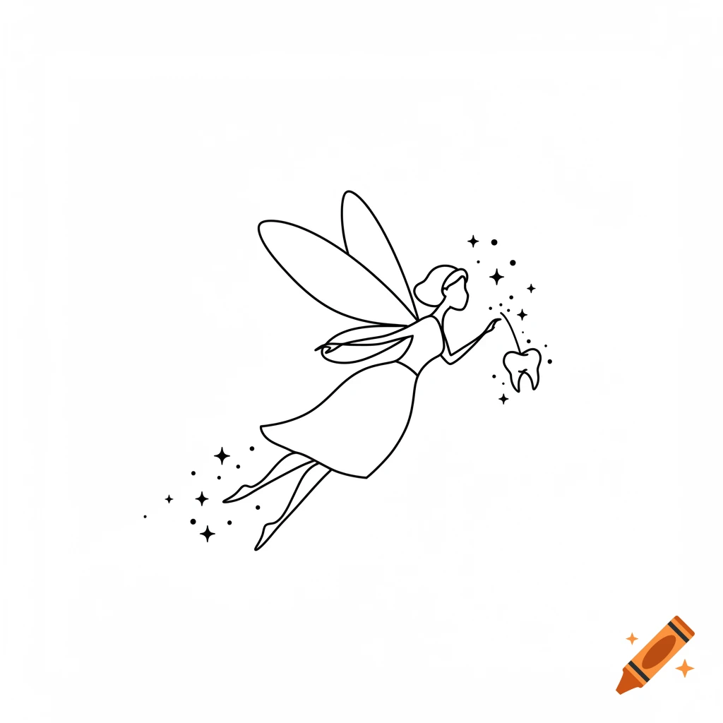A minimalist line art drawing of a flying fairy holding a tooth.