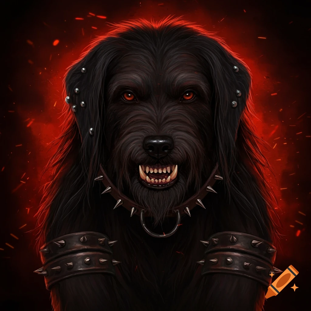 A black dog with red eyes, spiked collar and wristbands is against a fiery red background.