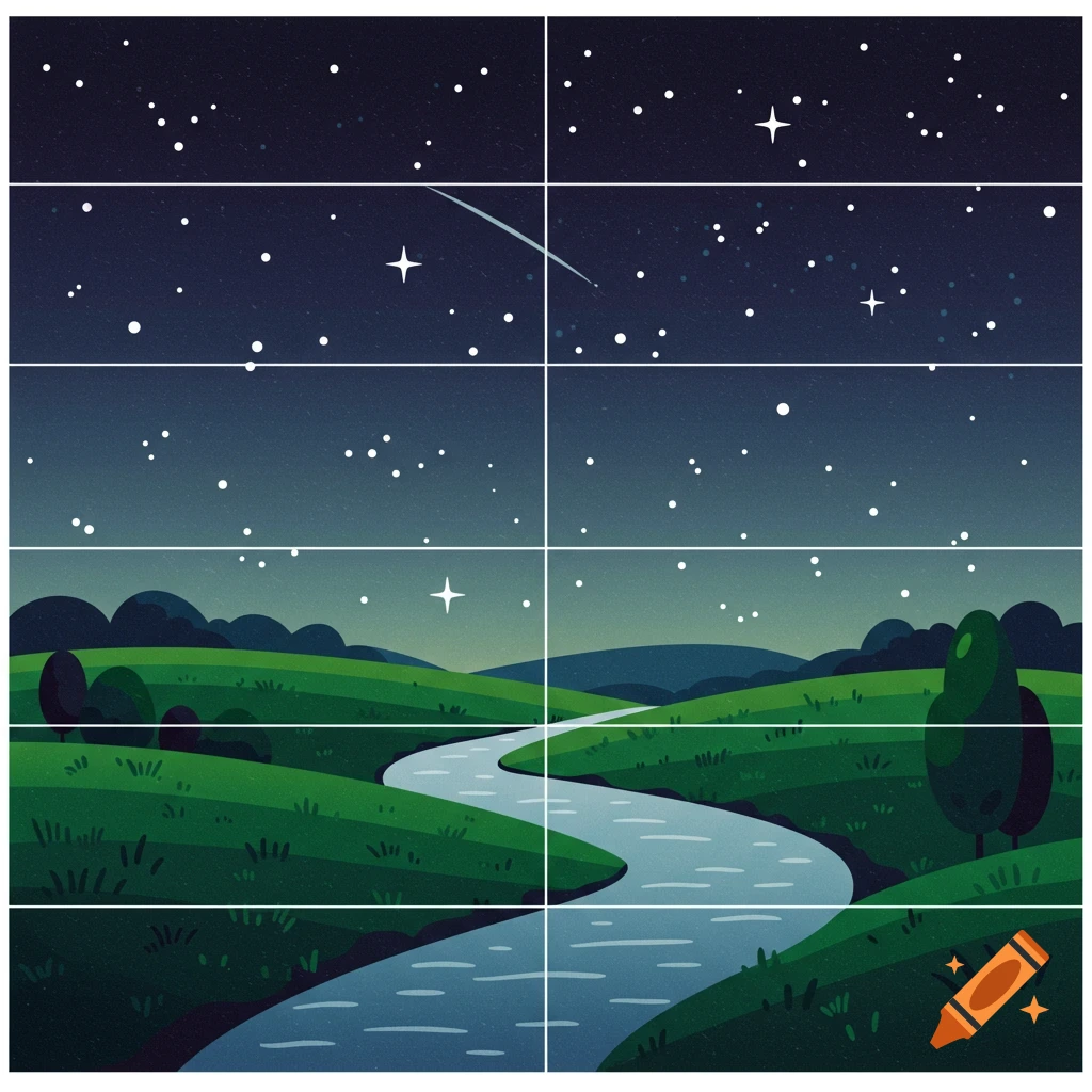 Stylized illustration of a winding river flowing through rolling hills under a starry night sky.