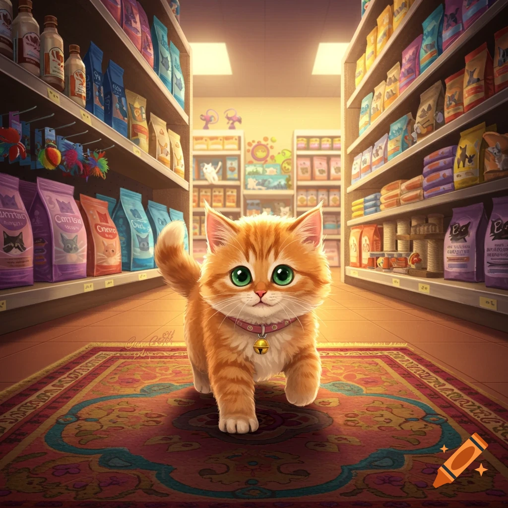 An orange kitten walking down a pet store aisle