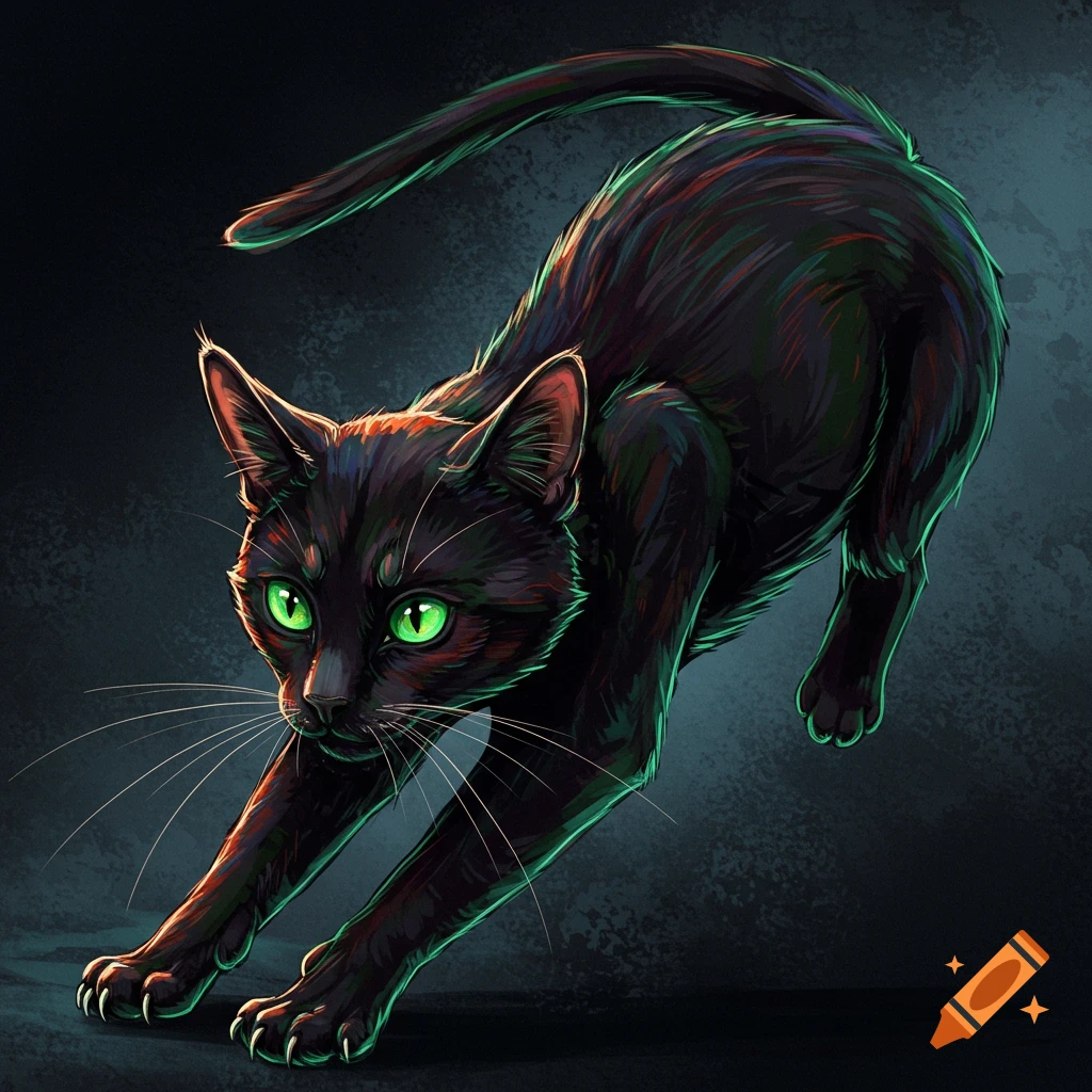 A black cat with bright green eyes stretches forward.