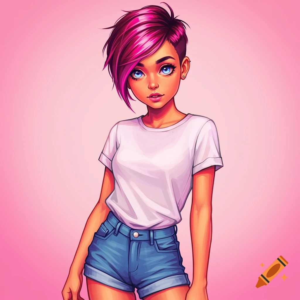 Digital art portrait of a young woman with pink hair and blue eyes, wearing a white t-shirt and denim shorts, pop art style.