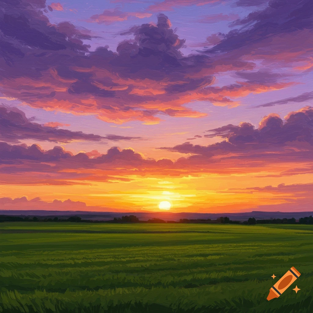 A vibrant sunset over a green field with purple and orange clouds.