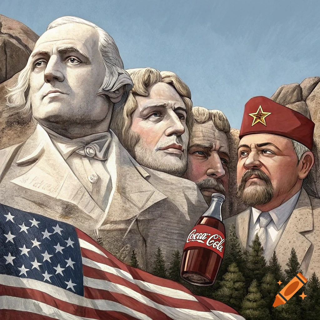 Political cartoon of Mount Rushmore spoof with faces resembling historical figures, a red star hat, Coca-Cola bottle, and American flag.