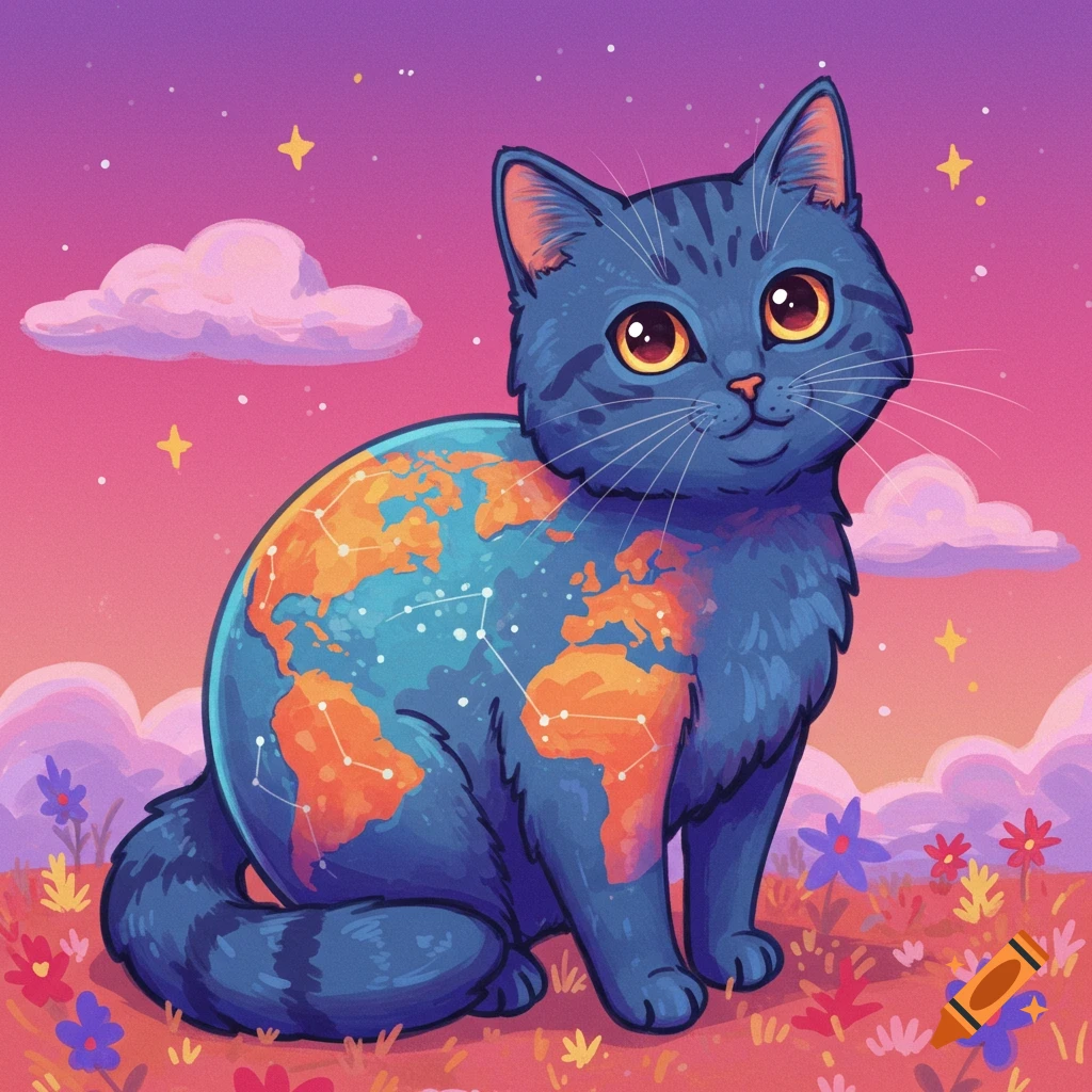 Illustration of a stylized cat with the Earth on its back, sitting in a field under a colorful starry sky.