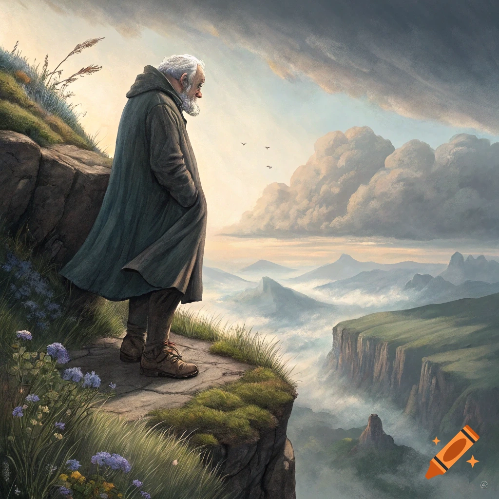 An old man in a long coat stands on a cliff edge, looking out at a misty mountain valley under a cloudy sky.