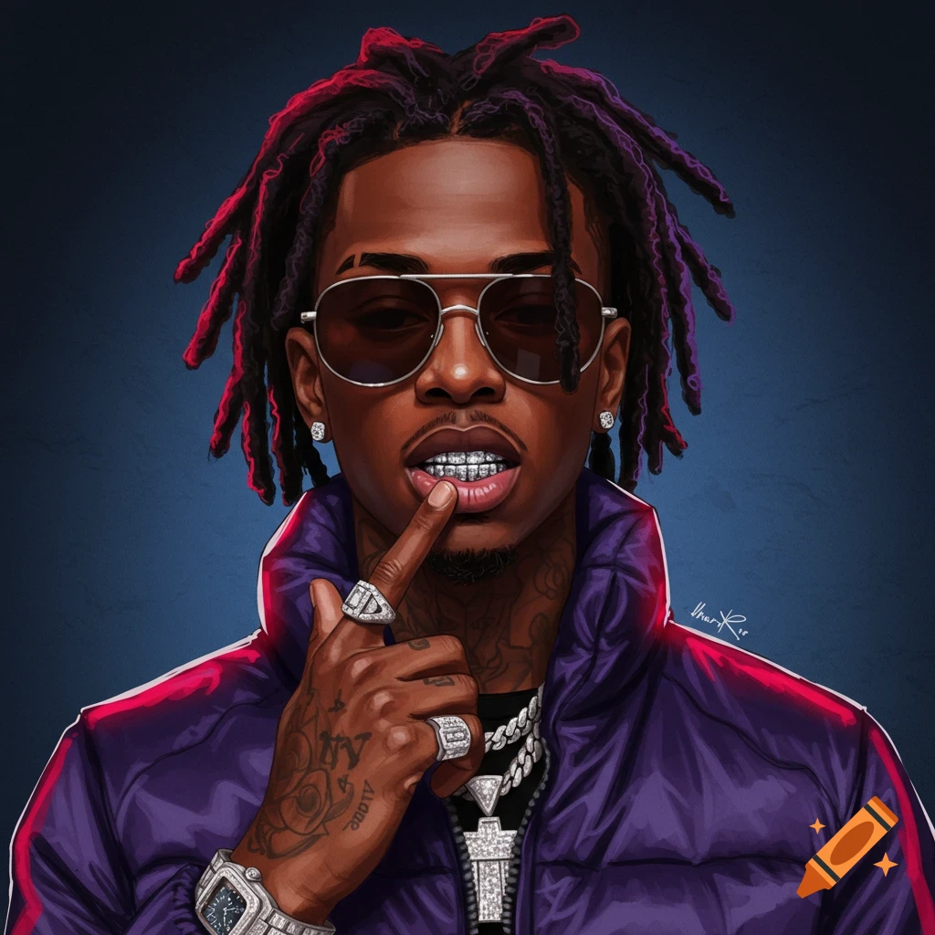 A portrait of a man with dreadlocks, sunglasses, and diamond jewelry.