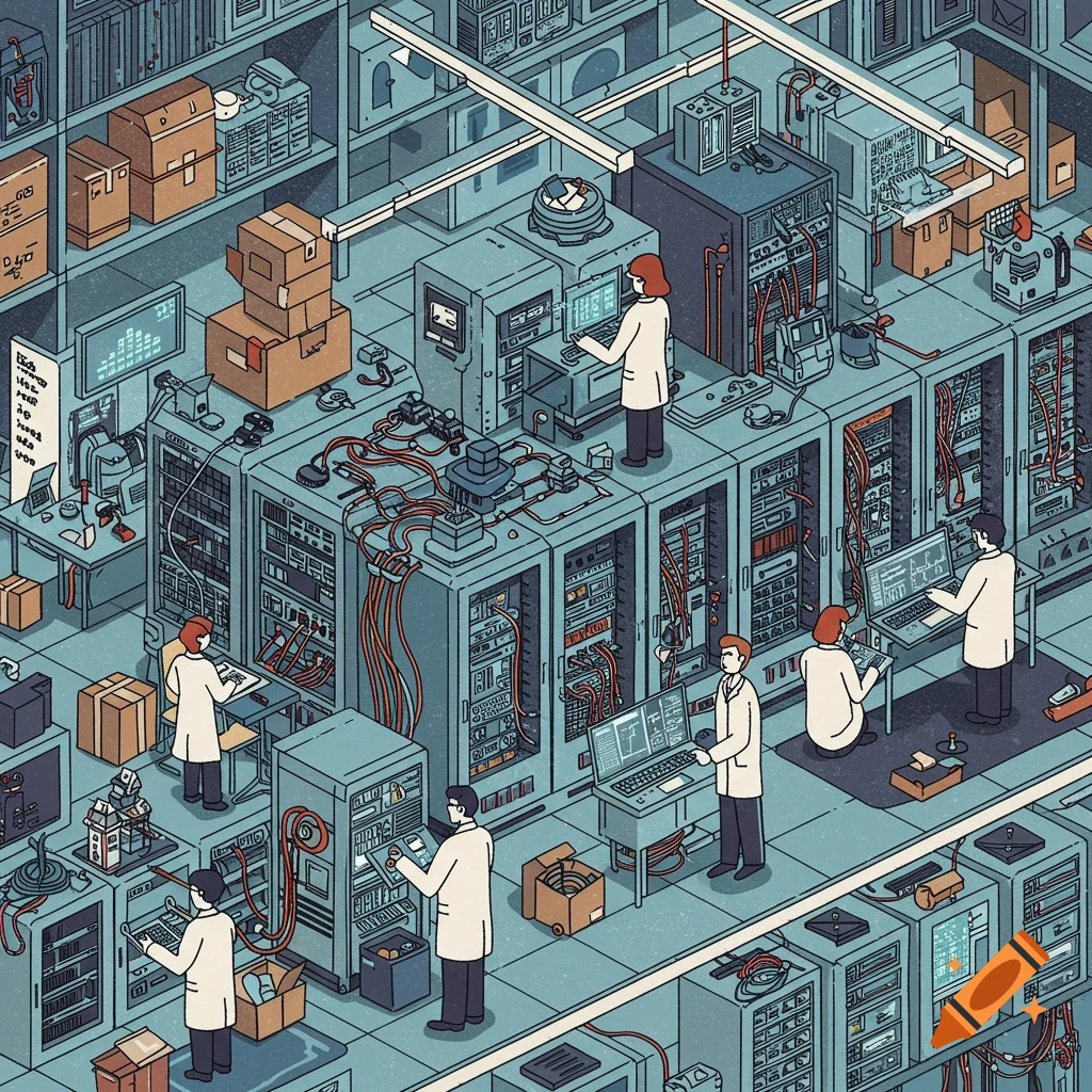 Illustration of scientists working in a complex server room or data center.