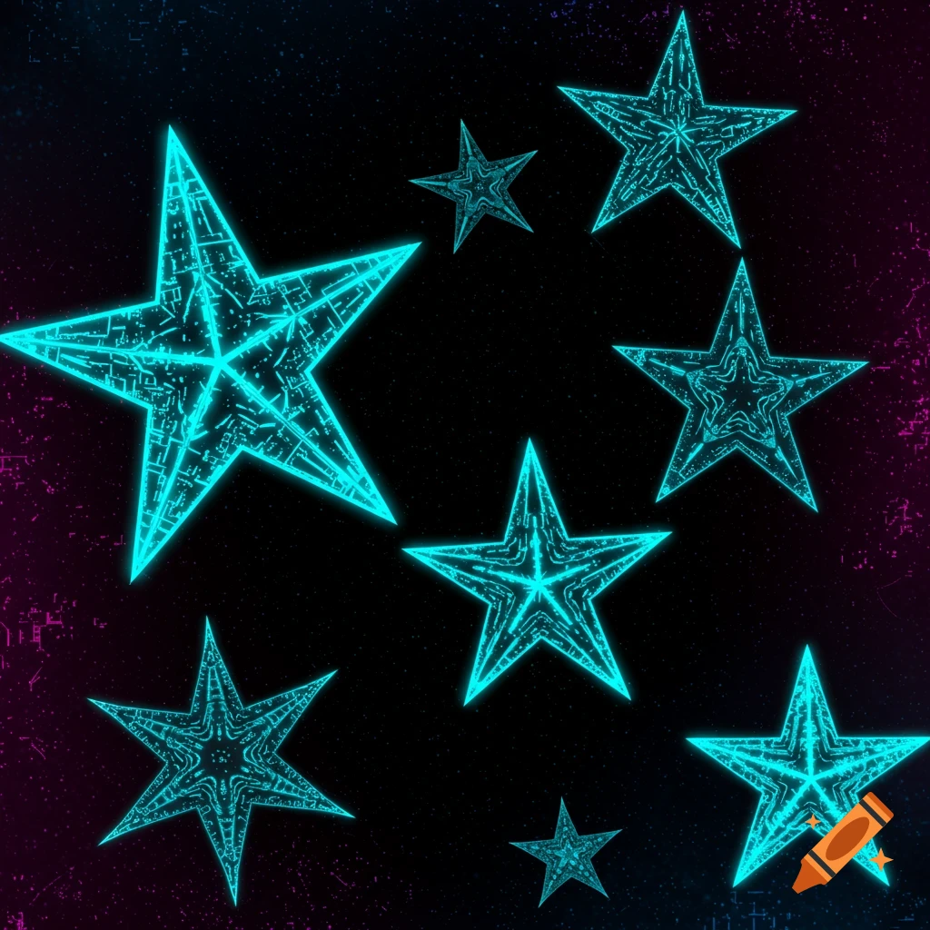 Cyan neon cyber stars against a dark, starry background with pink accents.