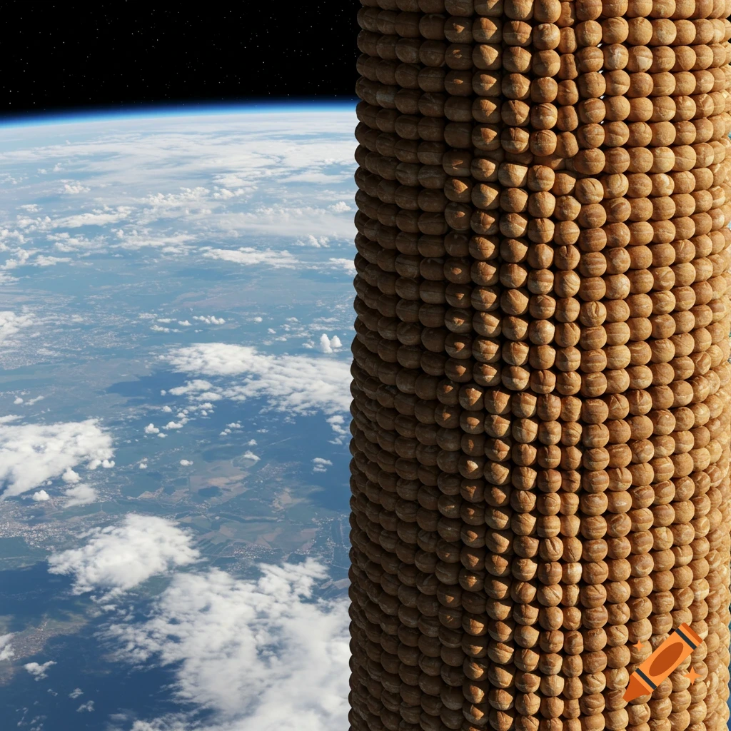 A giant tower made of bread rolls rises from Earth towards space, with clouds and landforms visible below.