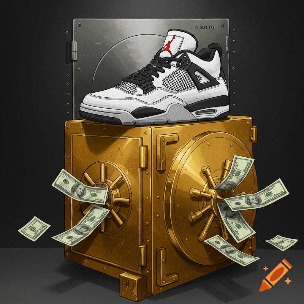 A digital illustration of a Jordan 4 sneaker resting on a gold vault with dollar bills floating around it.