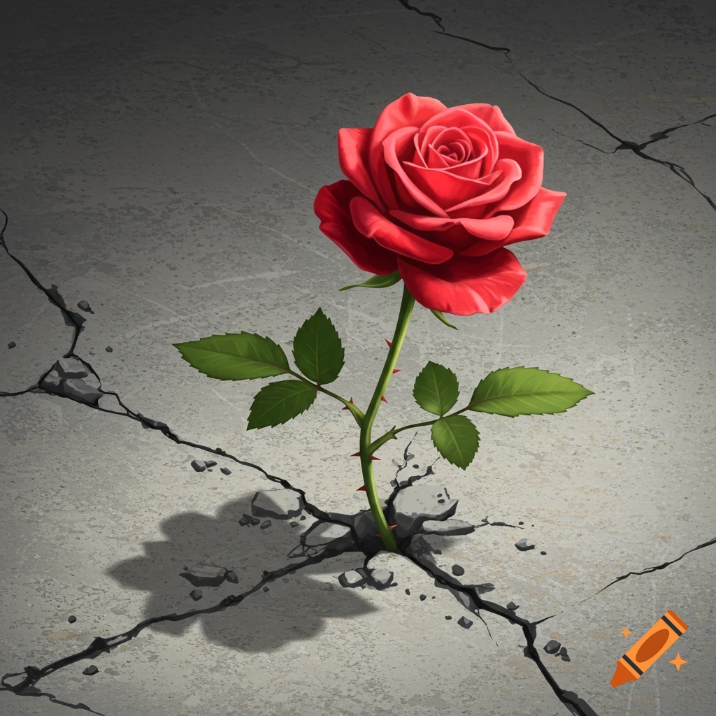 A red rose pushing through cracked concrete.