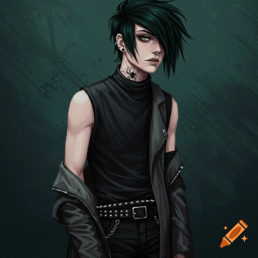 Portrait of an emo person with dark green hair, spiderweb neck tattoo, black sleeveless shirt, and jacket.