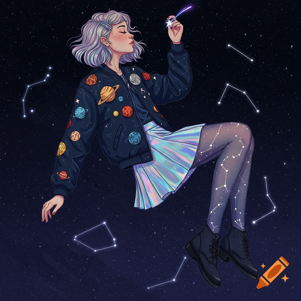 A girl in a planet jacket and constellation tights floats in space, reaching for a shooting star.