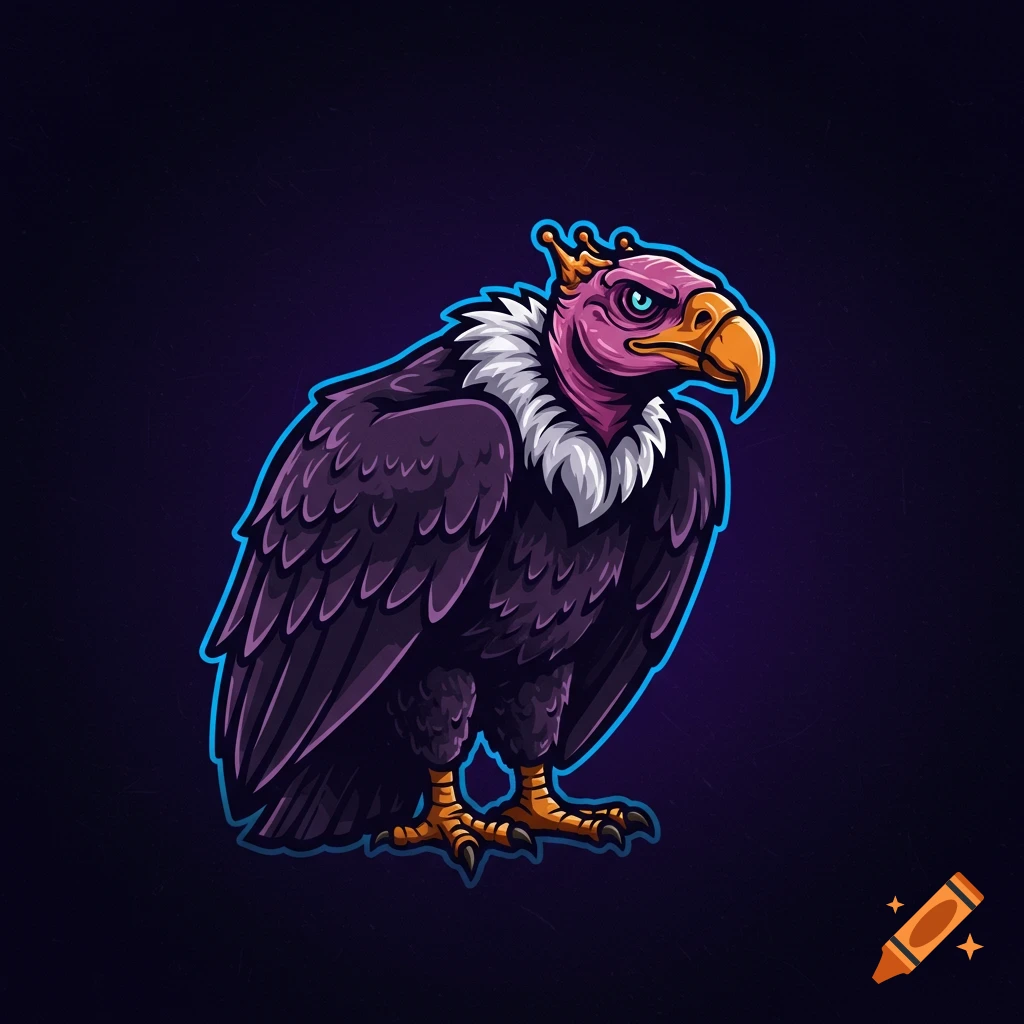 A stylized logo of a king vulture wearing a crown, outlined in neon blue.