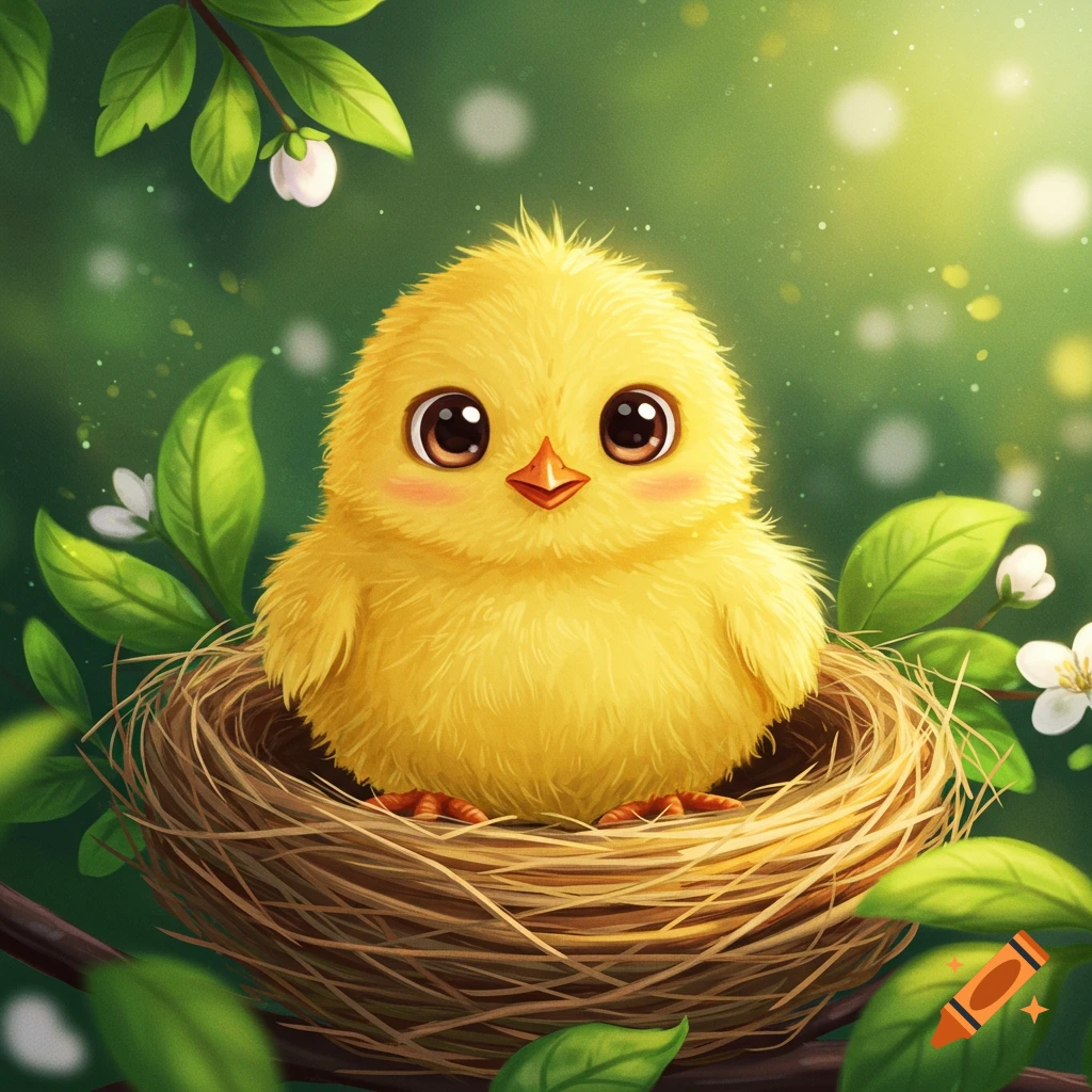 A cute yellow chick sits in a nest on a branch among green leaves and white flowers.