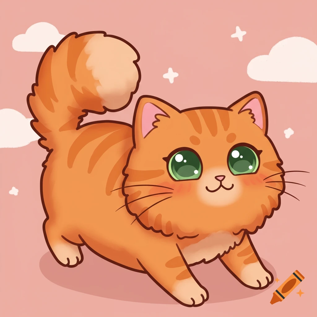 A cute orange cartoon cat with big green eyes smiles on a pink background with clouds.