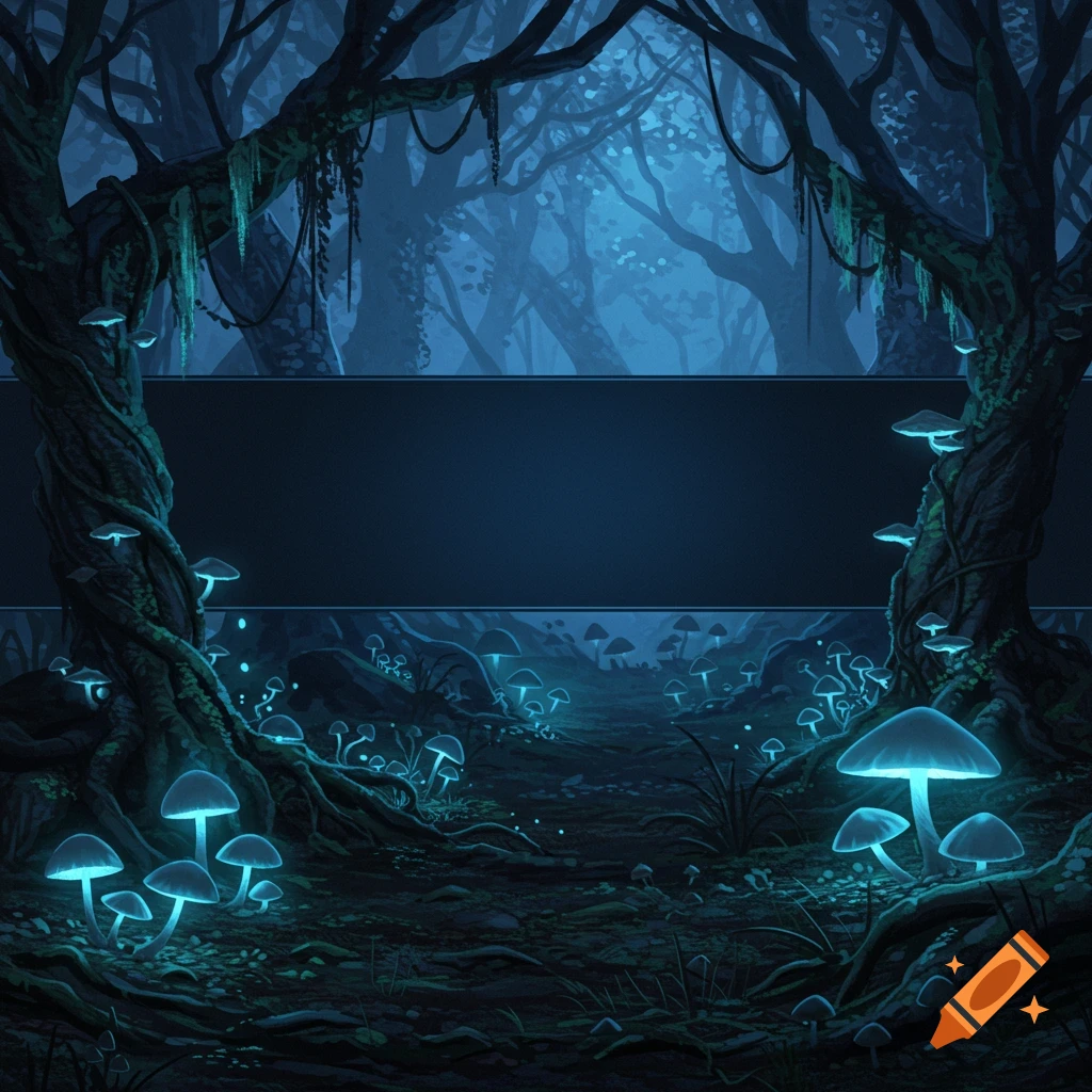 Dark fantasy forest with glowing blue mushrooms and a blank black bar in the center.