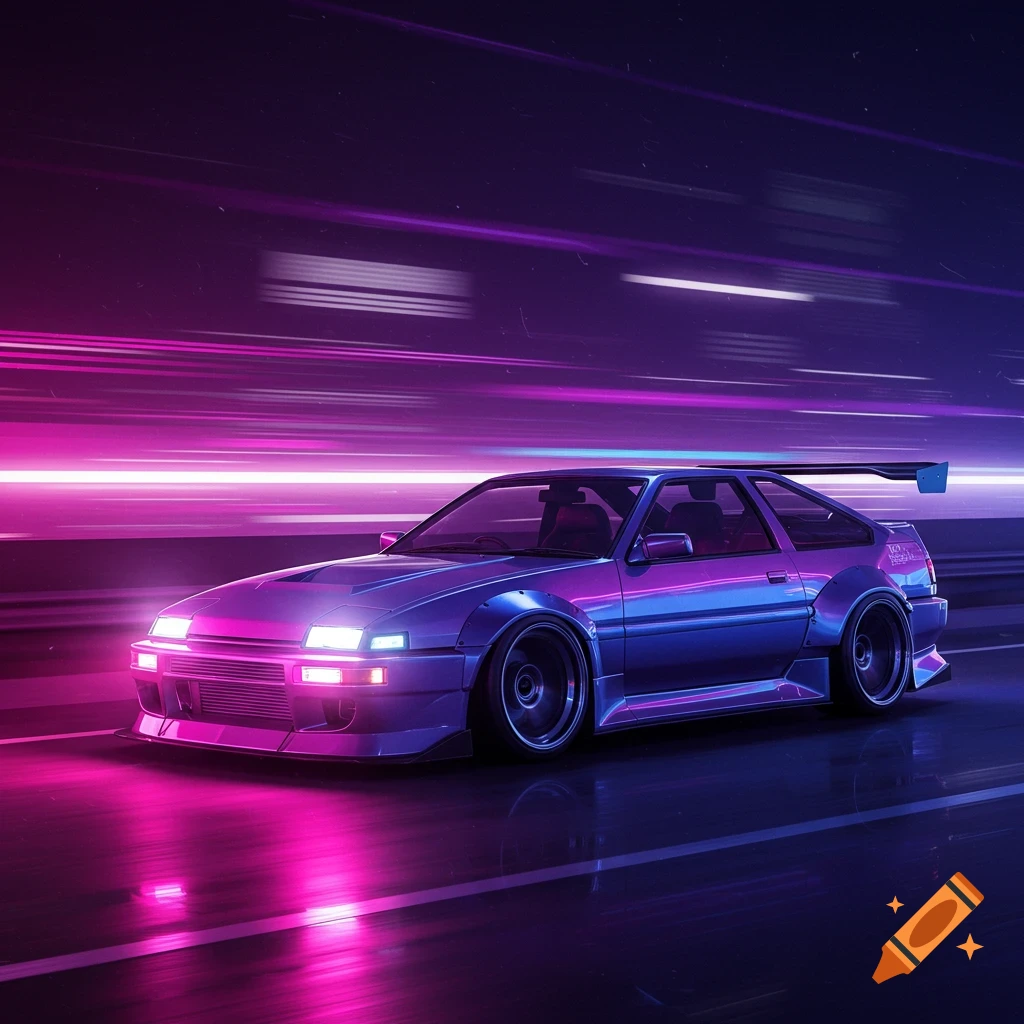 A purple and pink neon-lit car speeds down a road with motion blur, in a synthwave digital art style.