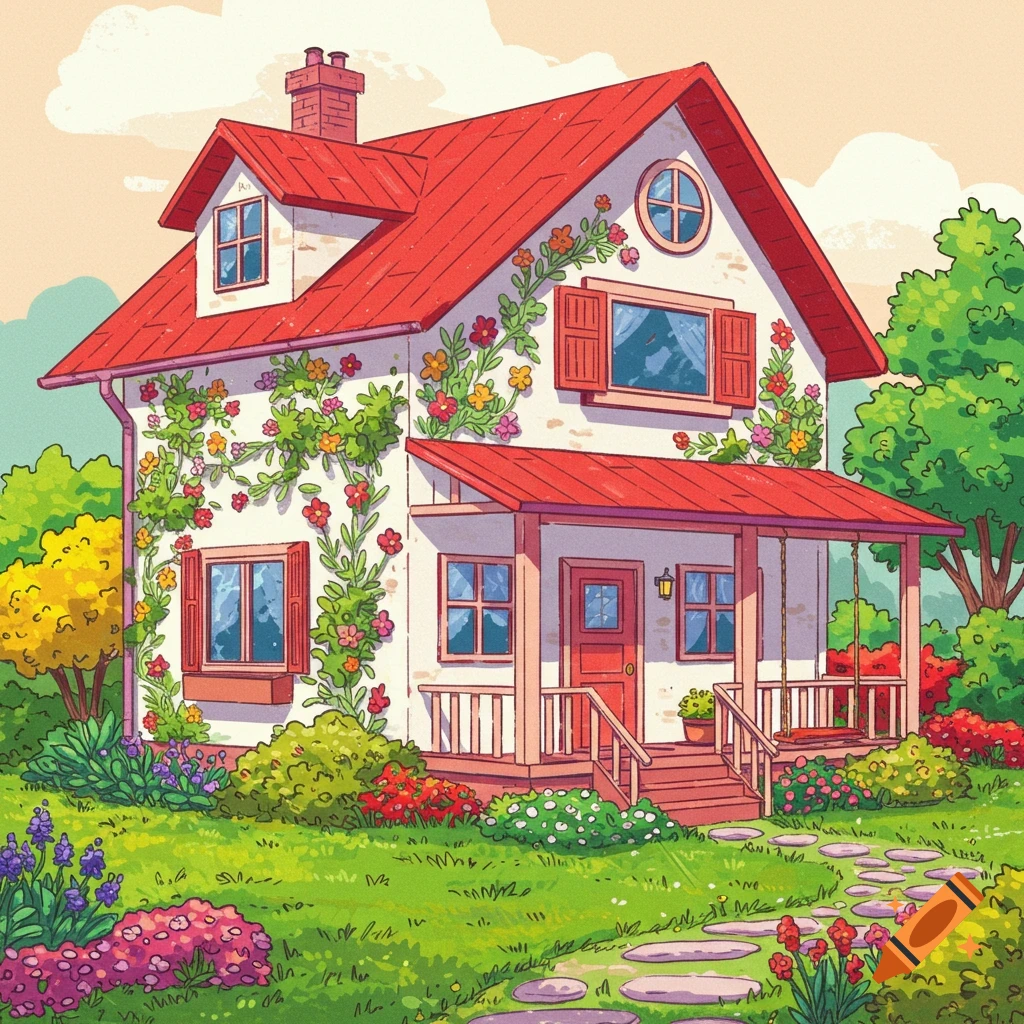 A charming white house with a red roof, covered in flowering vines, set in a lush garden with a porch swing.