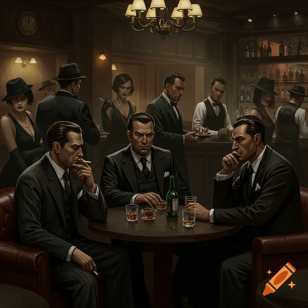 People in 1920s/30s attire are in a bar, depicting a mafia scene.