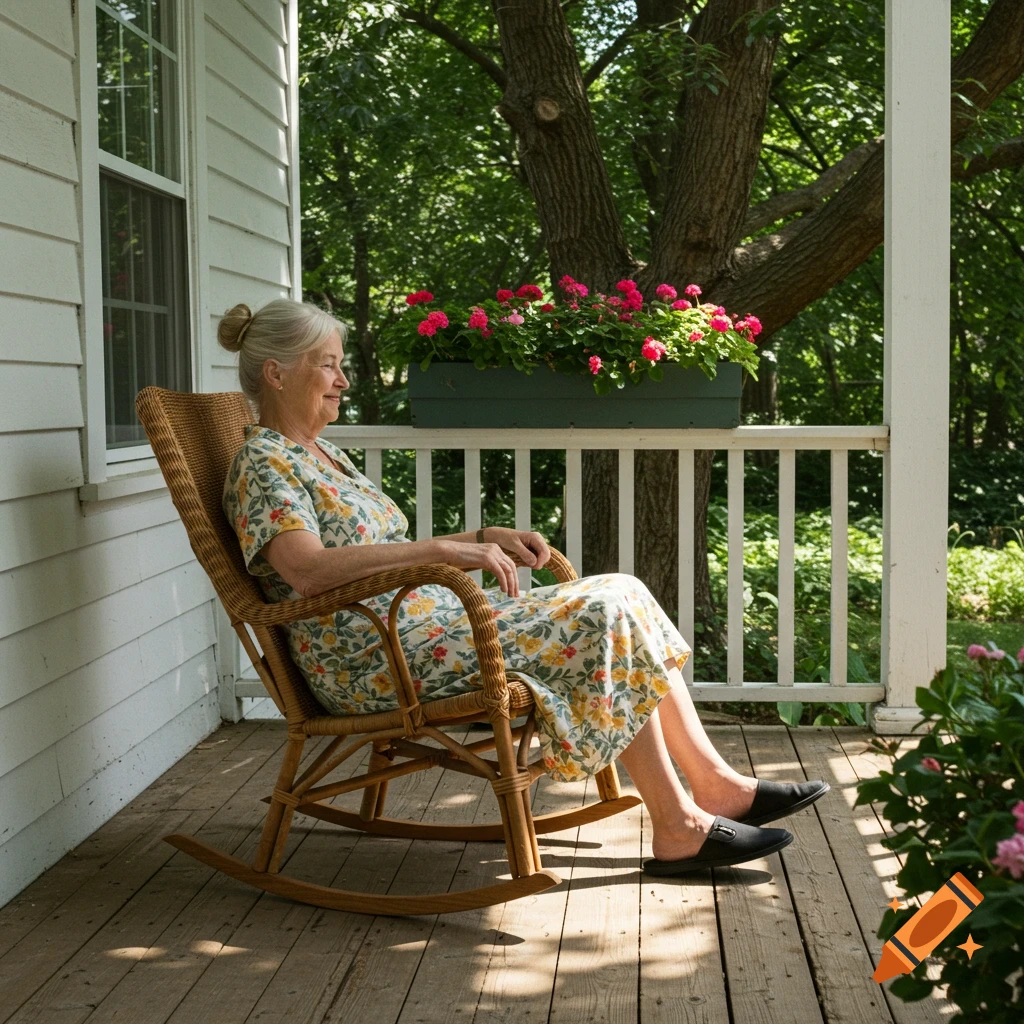 Elderly woman sits in a rocking chair on a porch
