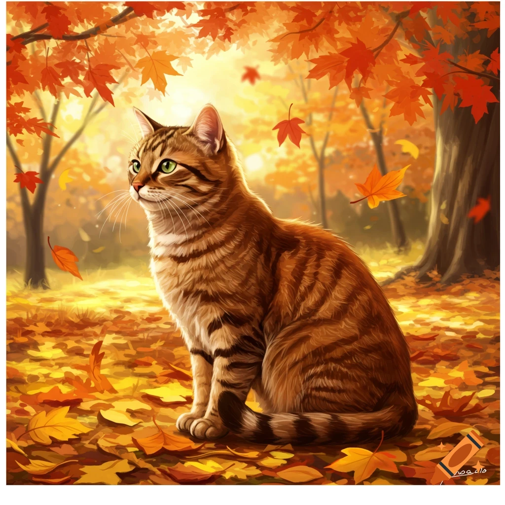 A tabby cat sits among fallen autumn leaves in a forest.