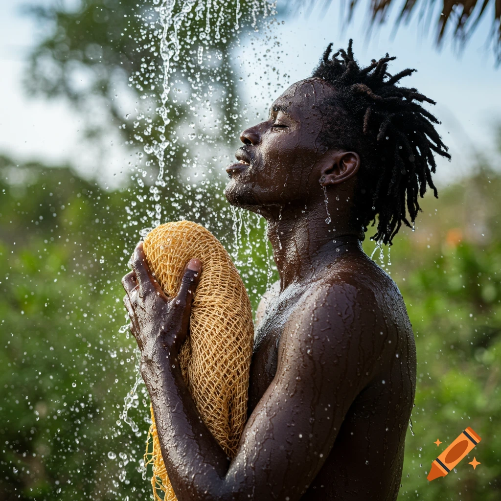 African person showering outdoors with a net scrub, photorealistic