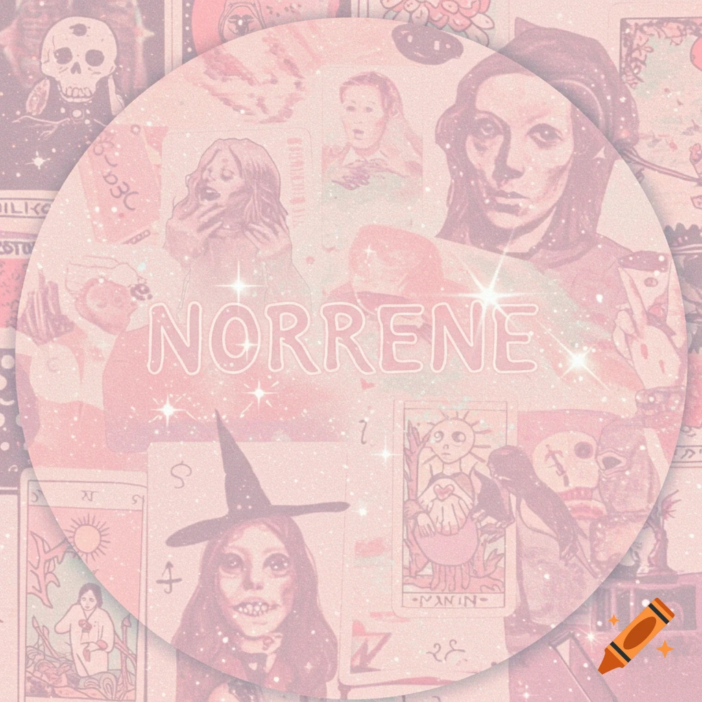Round collage of witchy, tarot, and horror illustrations with 'NORRENE' text and pink filter.