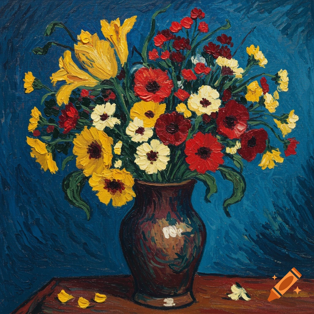 A still life painting of vibrant red, yellow, and white flowers in a vase on a table, with a blue background.