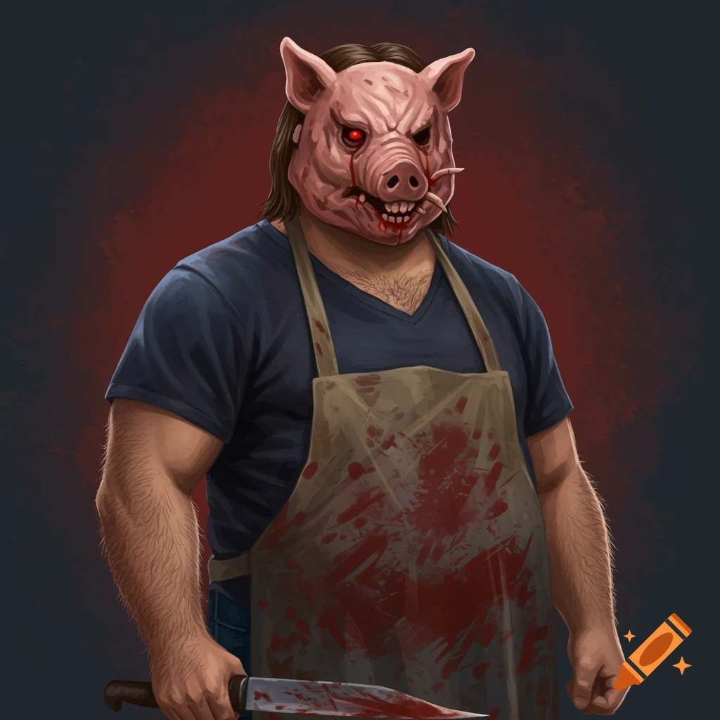 A person in a bloody pig mask and apron holding a knife.