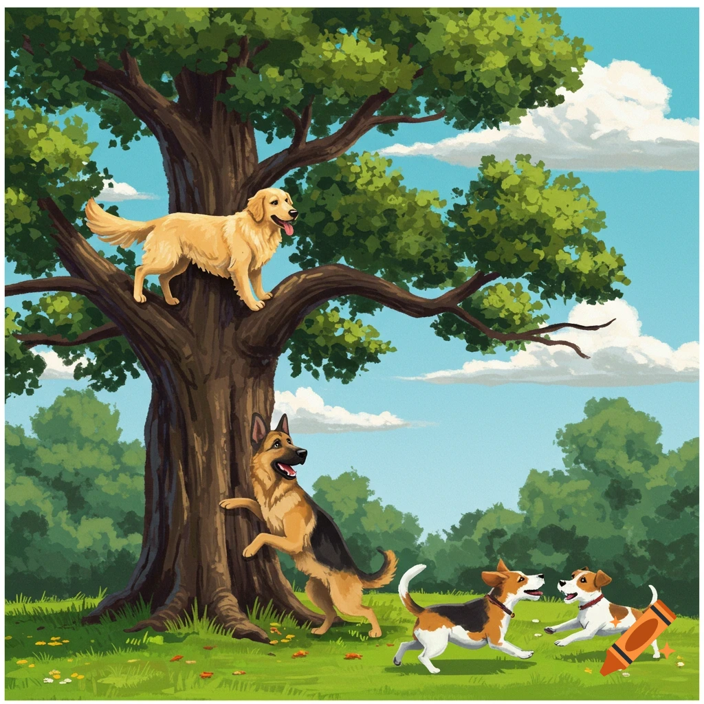 Dogs playing around a large tree in a park.