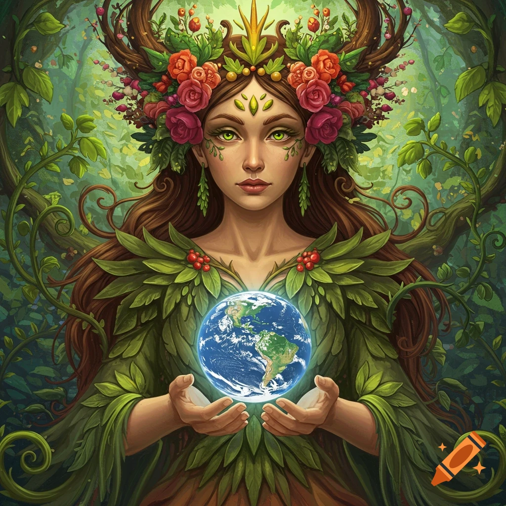 A woman with a floral/vine crown, representing Mother Earth, is holding a glowing globe of the Earth in her hands in a forest.