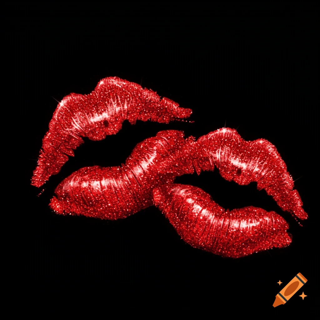 Two red glitter kiss prints on a black background.