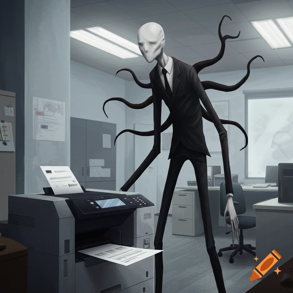 Slenderman printing documents on a copy machine in an office.