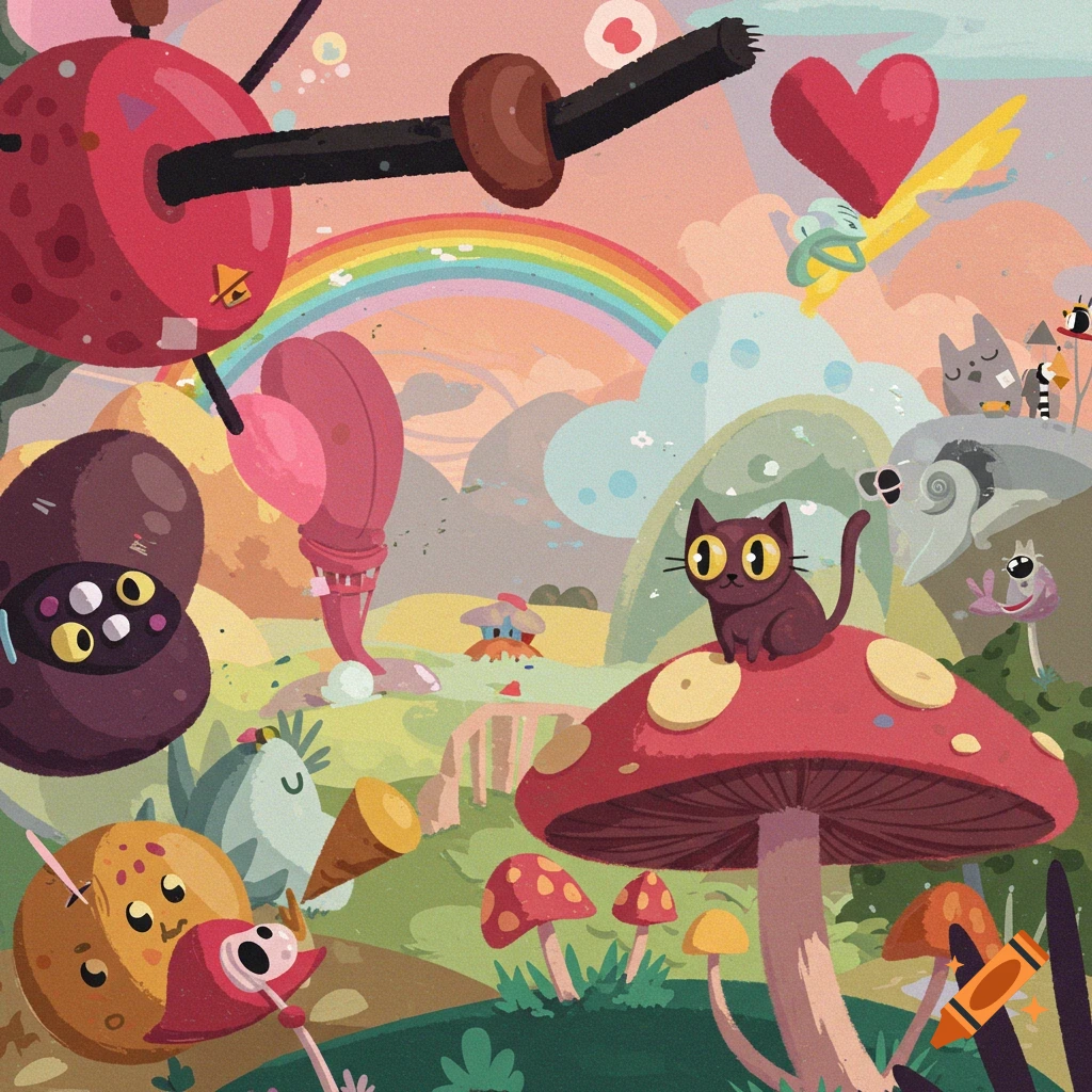 A whimsical fantasy landscape with a cat on a mushroom, a rainbow, and strange creatures