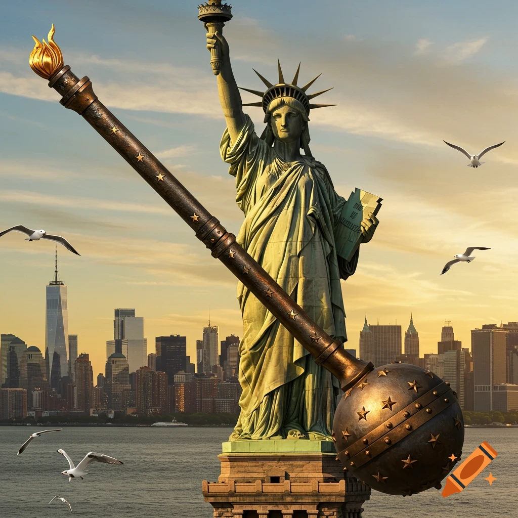 Statue of Liberty holding a large mace with NYC skyline and seagulls in the background.