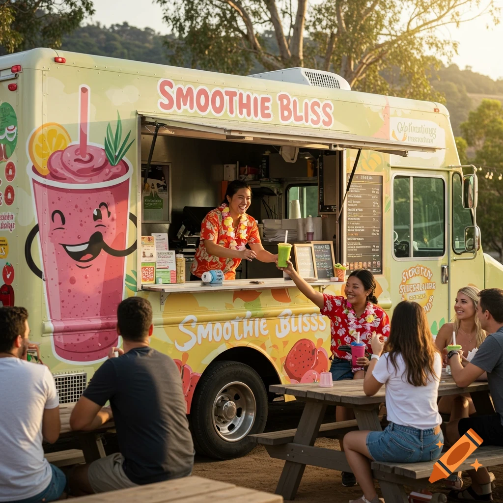 People buying and drinking smoothies at a yellow food truck with 'Smoothie Bliss' branding.