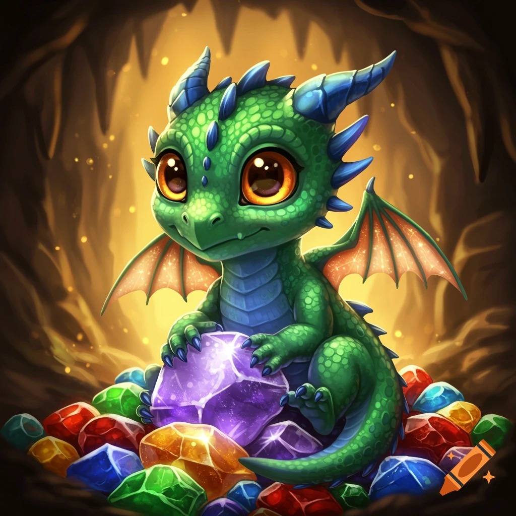 Cute cartoon baby dragon sitting on a pile of glittering gems in a cave.