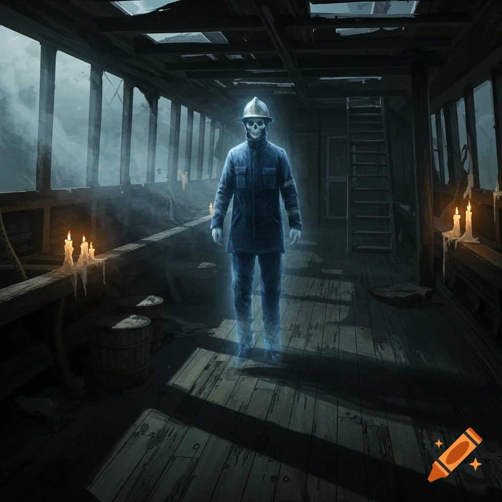 A glowing ghost with a skull face and firefighter uniform stands in a dark, dilapidated boat interior with candles and mist.