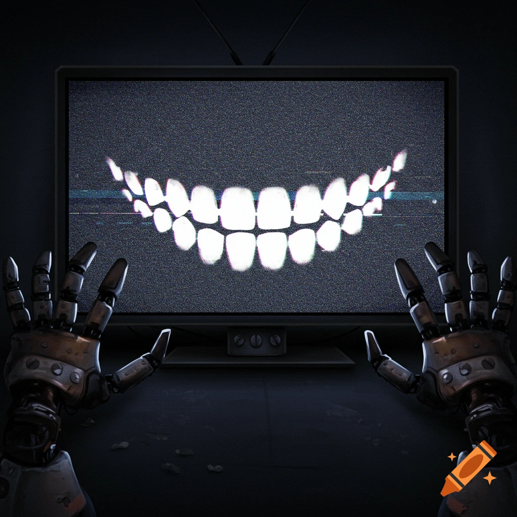 Robotic hands reach towards a television screen displaying a glowing, toothy smile on static.