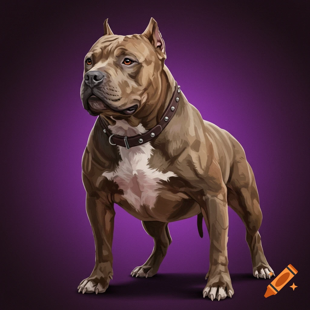 A brown and white pit bull dog is standing on a purple background